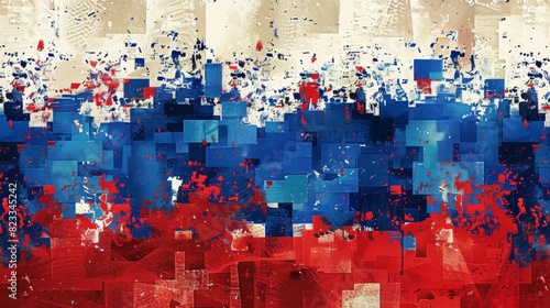 Pixel art of Russian flag as a mosaic of blue, white, and red squares. Colorful dynamic cubes