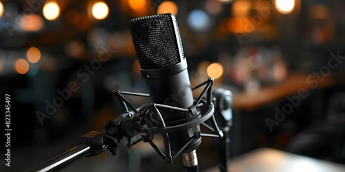 Black professional microphone with pop filter ready to capture pristine sound. Concept Audio recording, Microphone setup, Pop filter, Professional equipment, Crisp sound