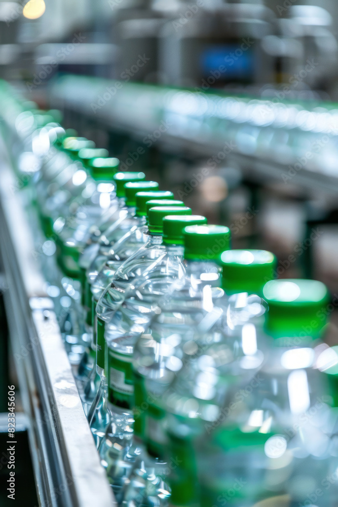Fototapeta premium A modern water bottle production line in a factory has rows of bottles moving along the conveyor belt, focusing on the green bottles.