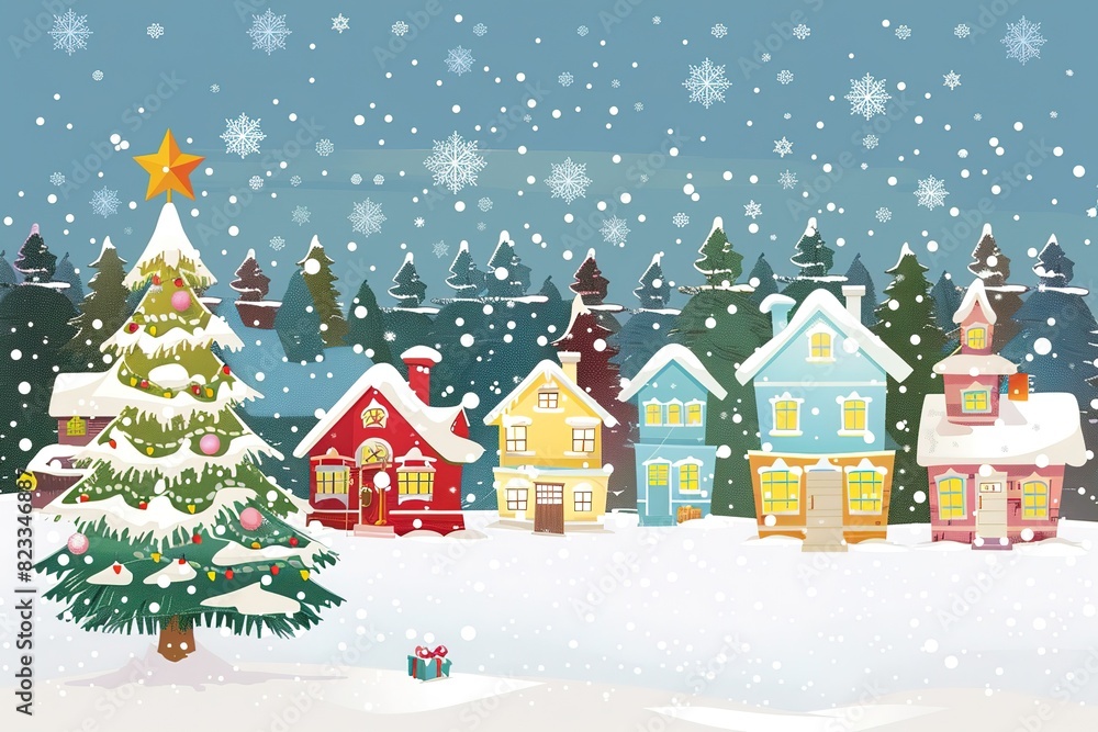 Evening winter village landscape with snow covered house. Christmas holidays vector illustration