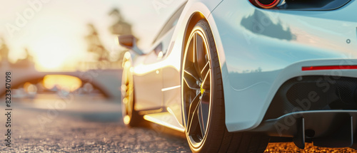 Dawn's golden light kisses a sleek sports car, hinting at luxury and speed. photo