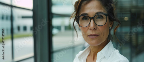Pensive professional woman in white shirt and glasses looking afar.