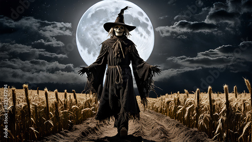 A haunting scarecrow stands ominously in a wheat field photo