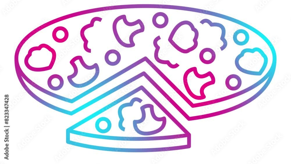 Animated pink blue linear pizza is drawn. Line symbol of mushroom pizza with a slice cut off. Concept of pizzeria, Italian food. Looped video. Vector illustration isolated on white background. Animated pink blue linear pizza is drawn. Line symbol of mushroom pizza with a slice cut off. Concept of pizzeria, Italian food. Looped video. Vector illustration isolated on white background.