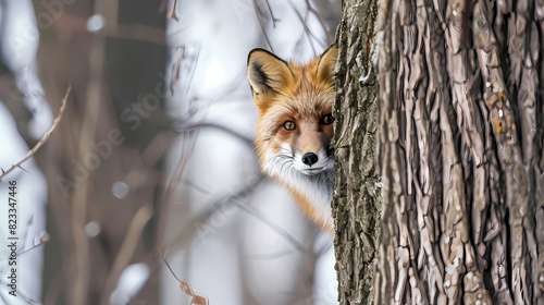 A small fox in a fuzzy winter coat, peeking out from behind a tree © harta hun yar