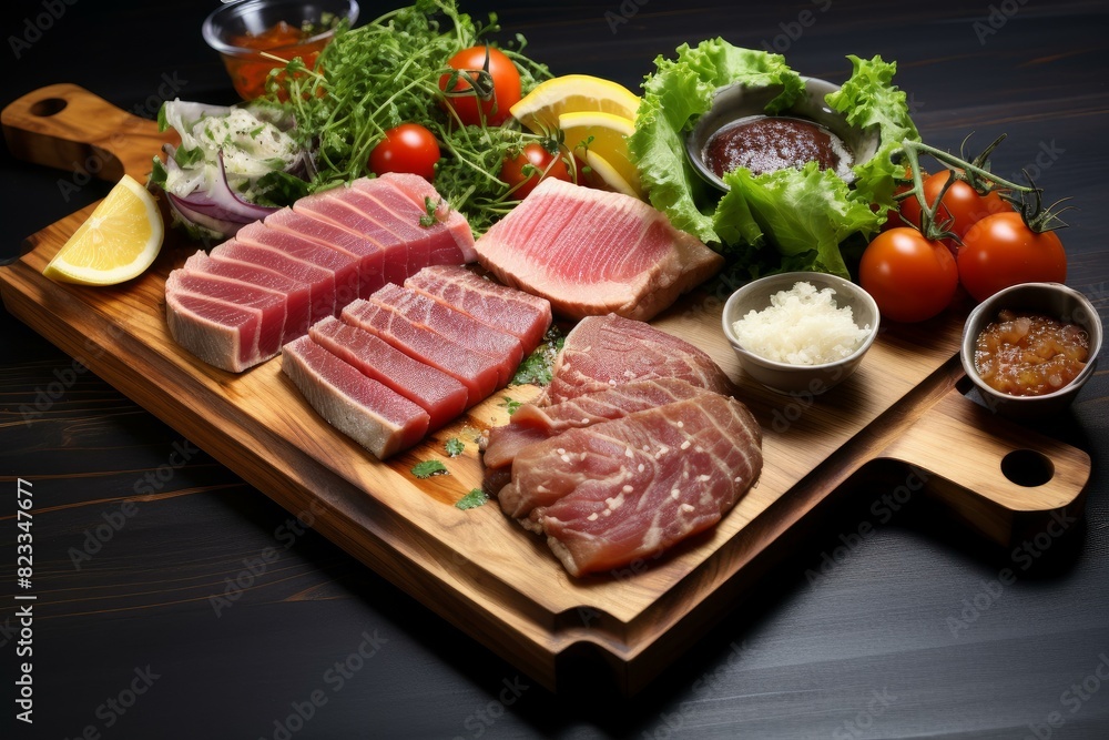Variety of raw tuna steaks on a wooden board with vegetables and seasonings