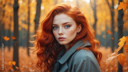 young redhead pretty girl model autumn fashion portrait on bright background