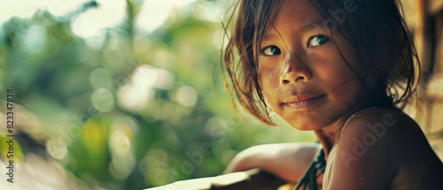 Young girl's gaze pierces through, hinting at stories untold, amidst a rural backdrop. photo