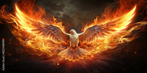 Winged dove in flames  a representation of the New Testament Holy Spirit with copy space 