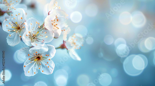 Branch cherry blossoms in spring outdoors with soft fo