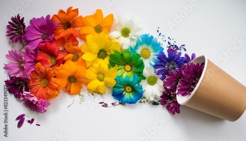 Colorful background with a rainbow made out of flowers and poured out of a cup. It can be used for postcards, presentations, or social media representing concepts of summer, creativity, diversity