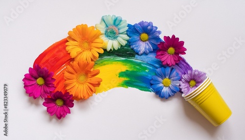 Colorful background with a rainbow made out of flowers and poured out of a cup. It can be used for postcards, presentations, or social media representing concepts of summer, creativity, diversity