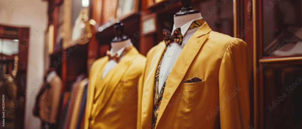 Suave mustard suits await in an elegant boutique, hinting at luxury.