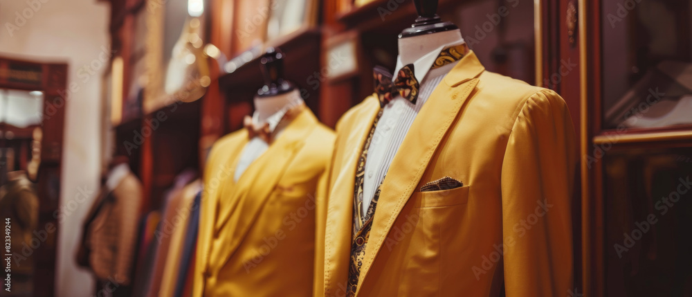 Suave mustard suits await in an elegant boutique, hinting at luxury. Suave mustard suits await in an elegant boutique, hinting at luxury.