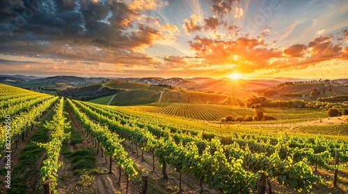 Sunrise Over Lush Vineyards and Rolling Hills
