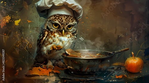 A small owl in a chef's hat, stirring a tiny pot of soup photo