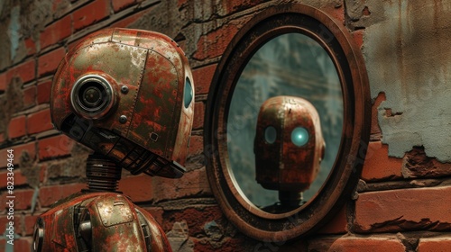 A weathered robot with a vintage design looks at itself in a round mirror mounted on an old brick wall, creating a reflective, introspective scene.