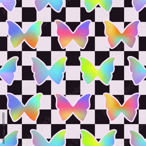 Y2K aesthetic geometric grid seamless pattern with gradient butterflies