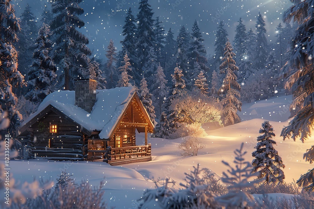 Fototapeta premium A winter landscape featuring an isolated wooden cabin and snow-covered fir trees on a mountain meadow deep within the forest.