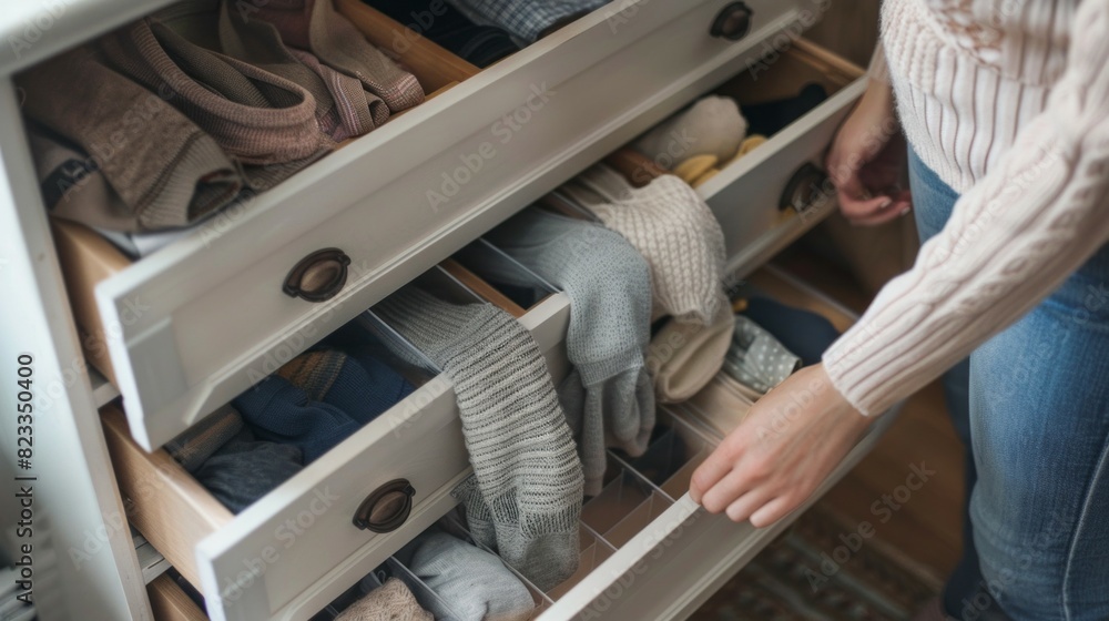 A woman is rummaging through a dresser drawer, looking for a pair of socks A woman is rummaging through a dresser drawer, looking for a pair of socks