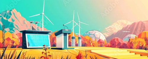 Vibrant pop-art styled mockup with podium, wind turbines, and futuristic landscape