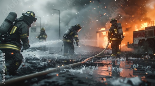 Firefighters in protective gear battling a blaze with hoses photo