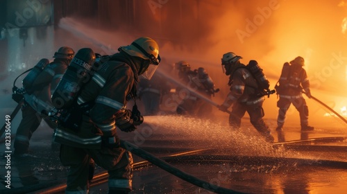 Firefighters in protective gear battling a blaze, with flames and smoke in the background photo