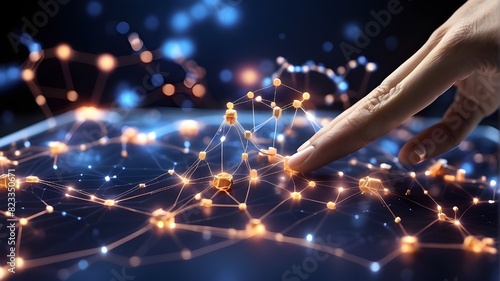 Blockchain, finance, and worldwide business use hand-touching telecommunication networks and wireless mobile internet technologies with 5G LTE data connections.