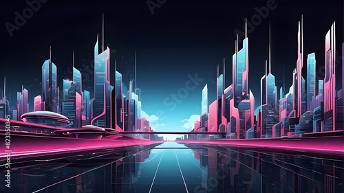 Vector image of a metropolis, with neon lights and metropolitan structures in space. futuristic, scientific, high-tech, and modern technological notion. Digital high-tech abstract city design for bann photo