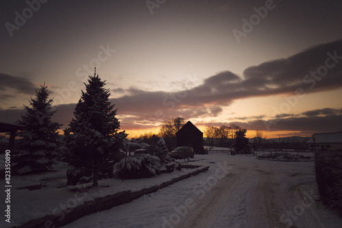 a driveway at dusk in the winter with a road and trees photo