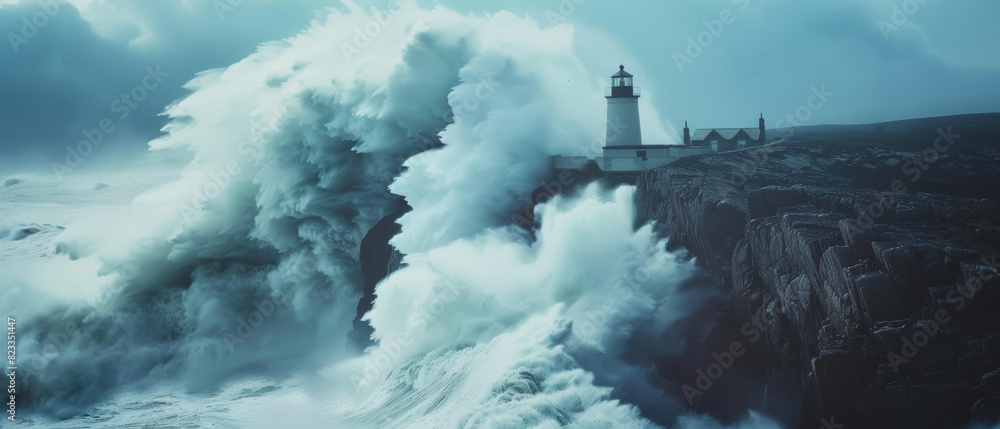 A towering wave engulfs a lighthouse amidst a stormy sea.