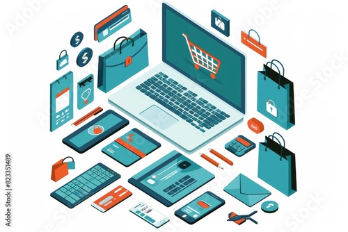 Modern illustration of a comprehensive e commerce ecosystem with various devices and security measures in place © Leo