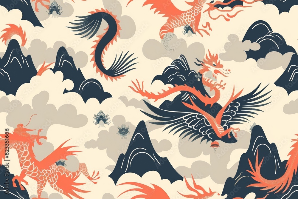 Obraz premium Seamless Pattern with Dragons and Phoenixes 
