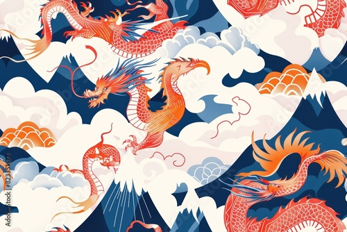 Seamless Pattern with Dragons and Phoenixes 