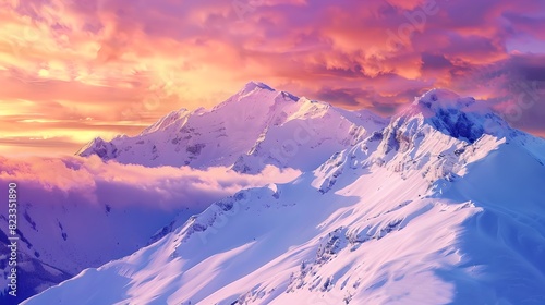 Beautiful snow-covered mountains under a vibrant pink and orange sunset sky. Perfect for backgrounds, travel blogs, and nature enthusiasts. Majestic mountain range landscape. AI © Irina Ukrainets