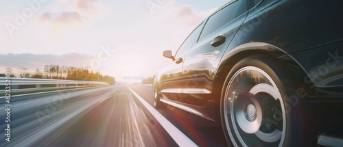 Dynamic view of a luxury car in motion, speed blurring the highway as it races towards the sunset. © Ai Studio