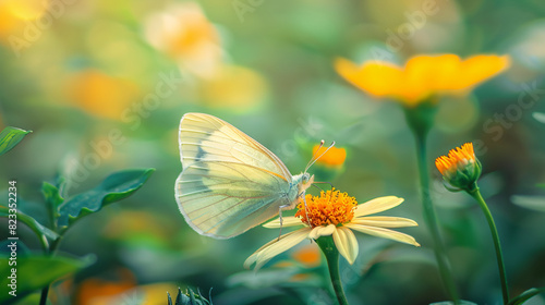 Bright beautiful white butterfly on exotic yellow flow © Little