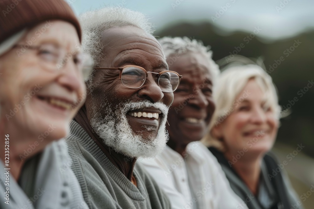 Group of senior people looking at camera and laughing in a park. Group of senior people looking at camera and laughing in a park.