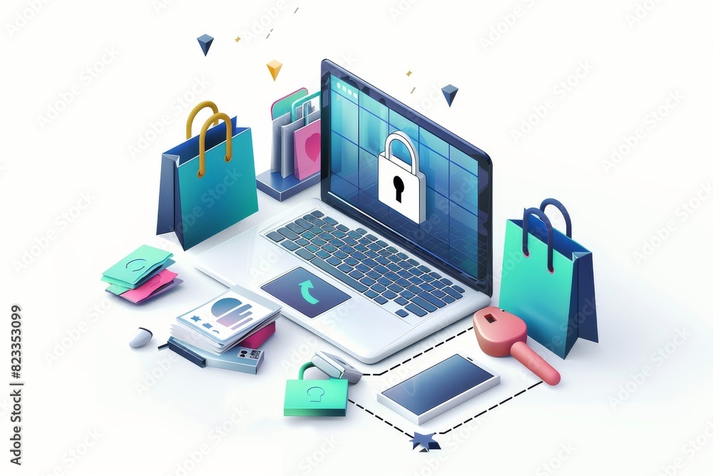 Modern illustration of a secure e commerce platform with various digital devices and locks