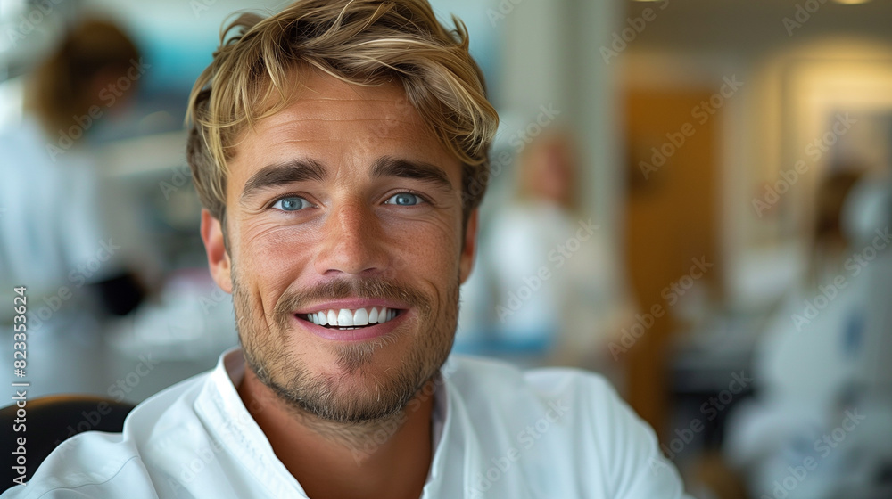 Handsome man with fine hair smile and sitting in chair Handsome man with fine hair smile and sitting in chair