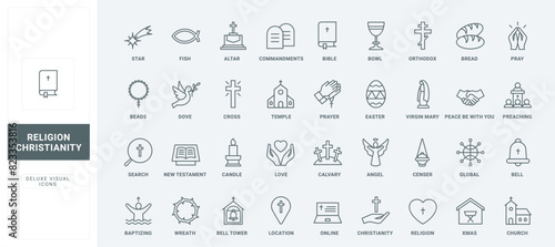 Love and belief, worship in temple, online religious service search thin black and red outline vector illustration. Christian religion holidays and symbols, church for prayers line icons set