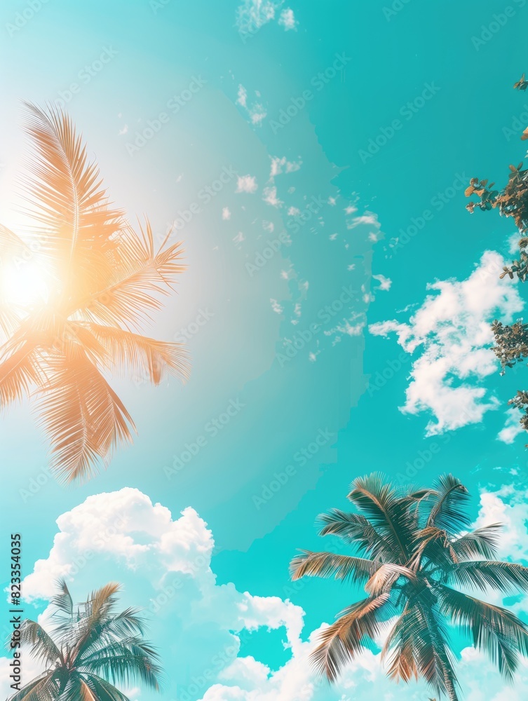 Green palms against blue sky background as vacation and summer holidays concept with copyspace for travel agency advertising campaign