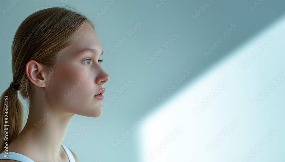 portrait of a young girl with smooth and clean skin seen in profile on a neutral background portrait of a young girl with smooth and clean skin seen in profile on a neutral background