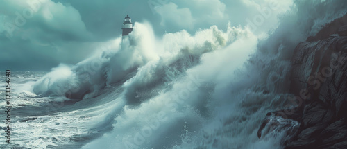 Majestic waves crash near a lighthouse, showcasing nature's dramatic force.