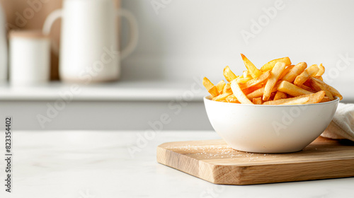 straight cut french fries in a bowl on cutting board on a white table