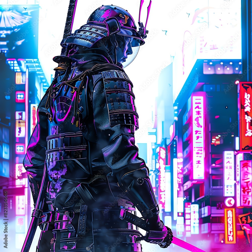 Fototapeta premium Futuristic samurai in neon-lit cityscape, blending traditional armor with cyberpunk aesthetics. Striking visual of modern technology and history.