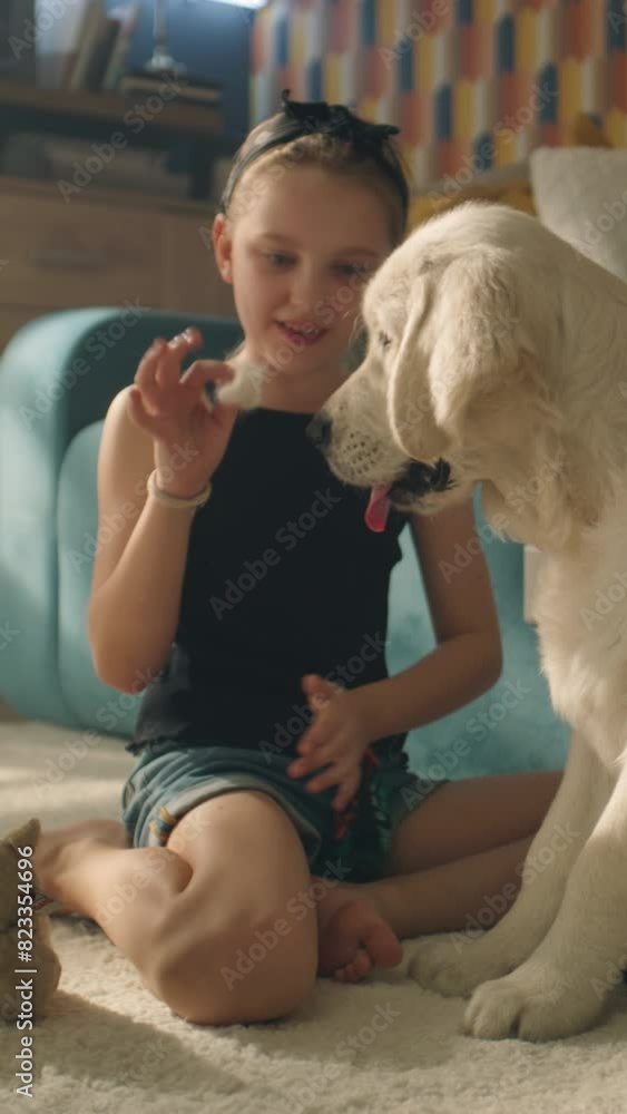 Young girl playing with dog, smiling and laughing, sitting together on mild carpet, spending leisure time at home with best friend. Golden retriever. Vertical shot. Young girl playing with dog, smiling and laughing, sitting together on mild carpet, spending leisure time at home with best friend. Golden retriever. Vertical shot.