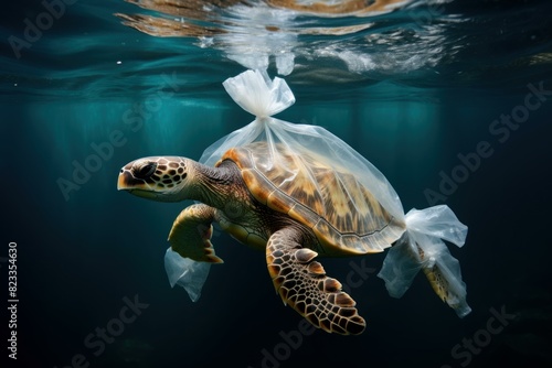 Flexible Turtle plastic bag. Waste marine animal. Generate Ai © juliars