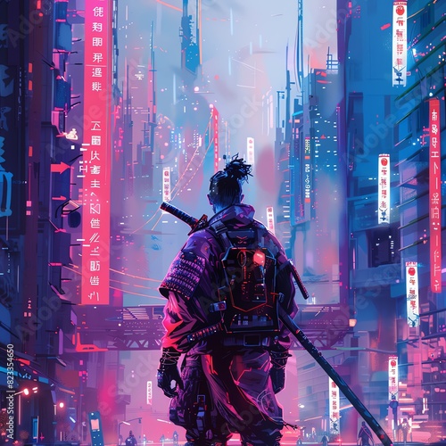 Cyberpunk samurai stands in neon-lit futuristic city, merging traditional warrior elements with high-tech, dystopian environment.