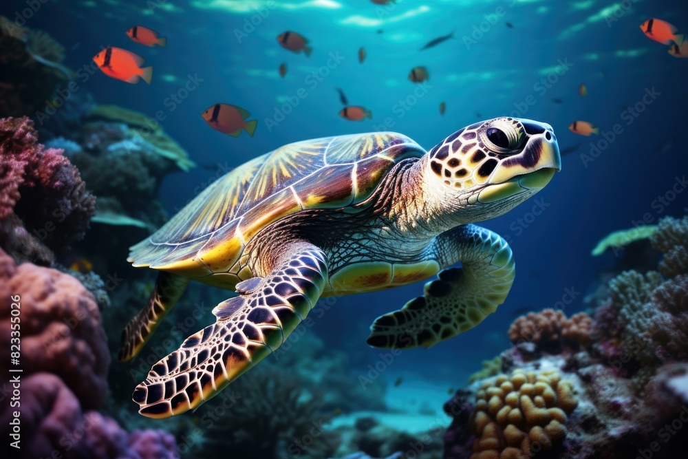 Fototapeta premium Vibrant Turtle underwater background. Ecosystem beauty. Generate Ai